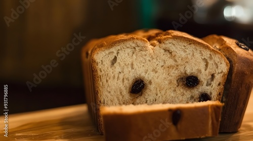 A loaf of raisin bread sits on a wooden cutting board. photo