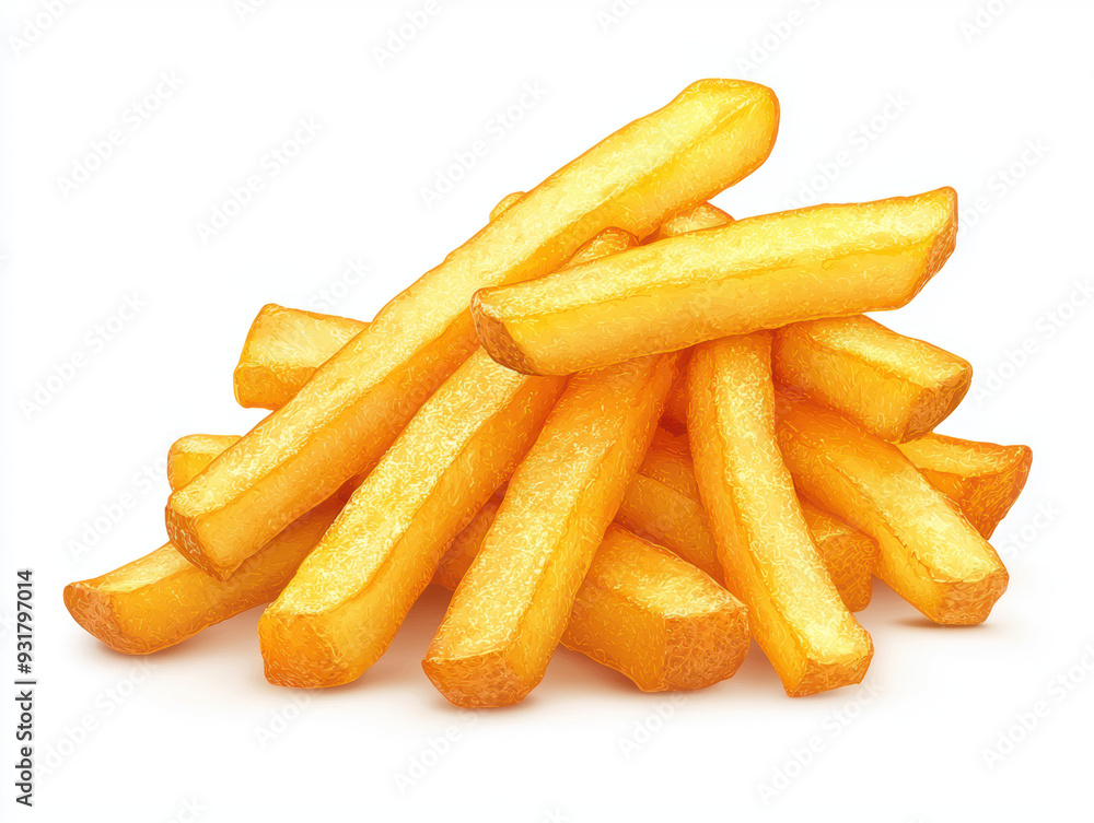 Crispy golden French fries stacked on a white background. Freshly cooked and delicious, perfect for any fast food or snack-themed image. Crispy golden French fries stacked on a white background. Freshly cooked and delicious, perfect for any fast food or snack-themed image.