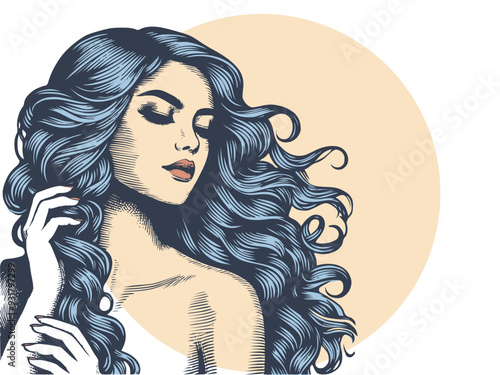 Vector drawing of a woman head with a long blue hair in style of woodcut engraving