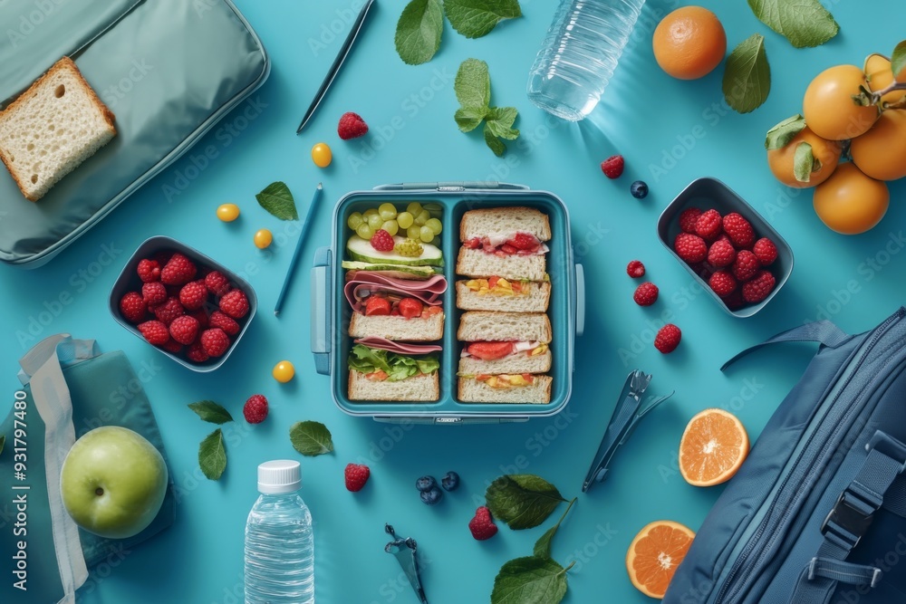 Bird's eye view of a nourishing school break setup - a lunchbox with sandwiches, fruits, berries, water bottle, and rucksack on a blue backdrop. Bird's eye view of a nourishing school break setup - a lunchbox with sandwiches, fruits, berries, water bottle, and rucksack on a blue backdrop.