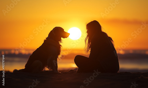 silhouette of a woman and a dog at sunset