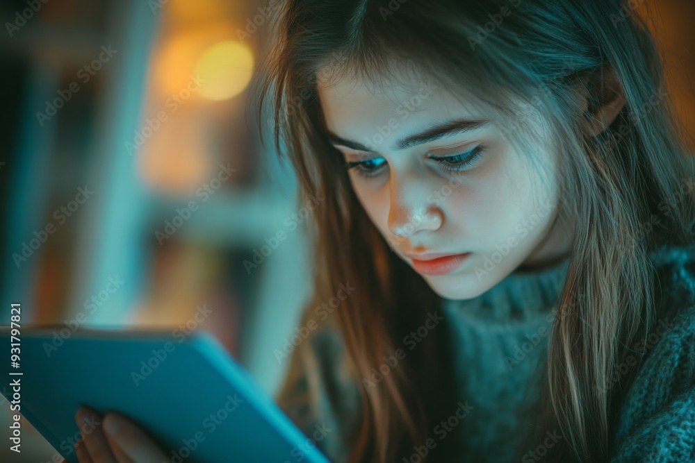 'A focused teenage girl student is holding a workbook and intently looking at a tablet, symbolizing the concept of high school education through e-learning.' 'A focused teenage girl student is holding a workbook and intently looking at a tablet, symbolizing the concept of high school education through e-learning.'