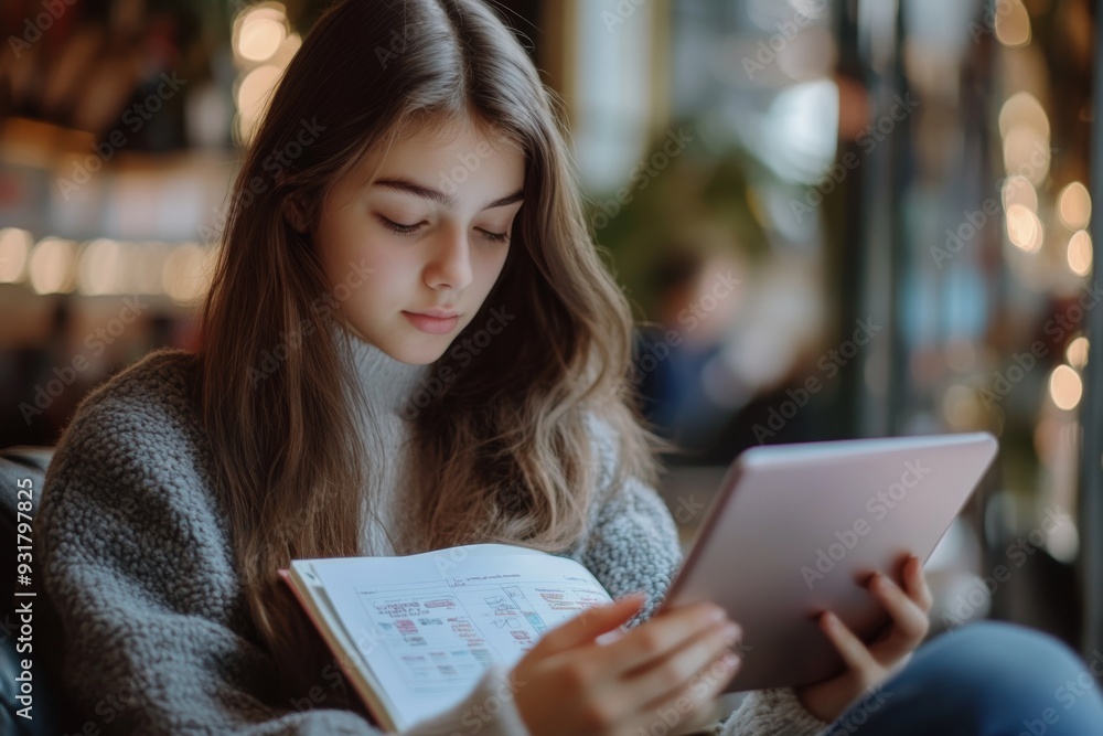 'A high school student intensely focused on her tablet, holding a workbook. She exemplifies the modern approach to education through eLearning.' 'A high school student intensely focused on her tablet, holding a workbook. She exemplifies the modern approach to education through eLearning.'