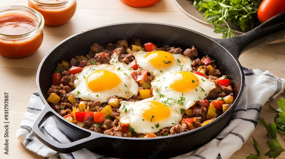 A skillet breakfast hash with four sunny-side up eggs. A skillet breakfast hash with four sunny-side up eggs.