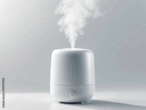 An air humidifier sits on a white table. The steam from the humidifier is rising and filling the room