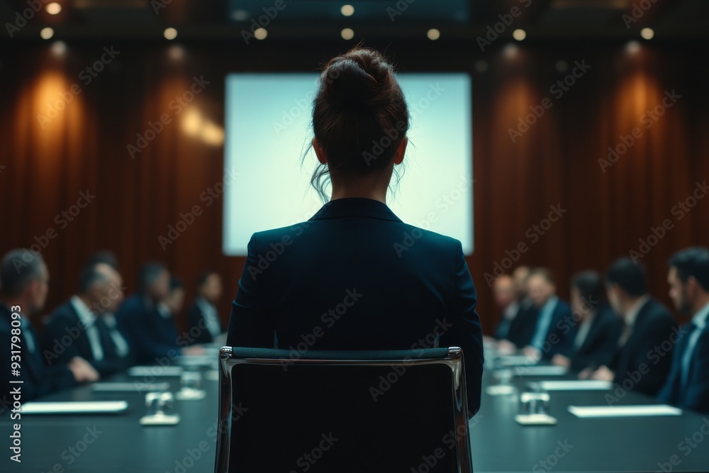 Dark-haired woman CEO standing at the front of a boardroom, addressing a diverse group of business leaders, representing the growing number of women in executive roles, with empty space on the right Dark-haired woman CEO standing at the front of a boardroom, addressing a diverse group of business leaders, representing the growing number of women in executive roles, with empty space on the right