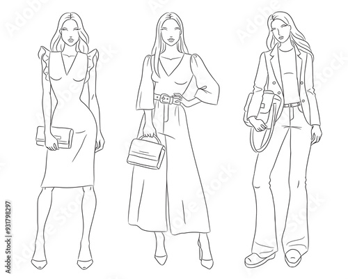 Female clothes collection. Fashion models posing. Vector line fashion illustration of beautiful young women, isolated on a white background. Fashion coloring page. Hand drawn fashion sketches.