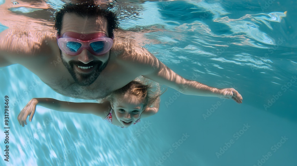 Naklejka premium A father and daughter smile underwater while swimming.