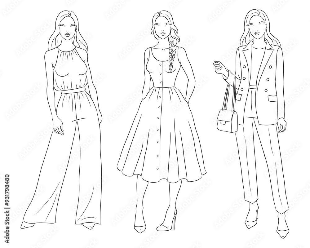 Female clothes collection. Fashion models posing. Vector line fashion