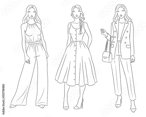 Female clothes collection. Fashion models posing. Vector line fashion illustration of beautiful young women, isolated on a white background. Fashion coloring page. Hand drawn fashion sketches.