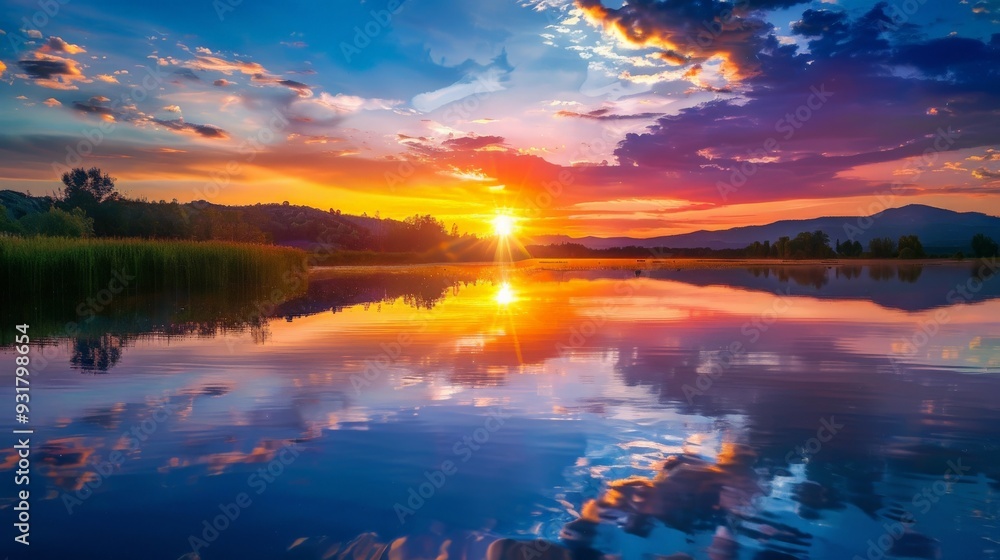Stunning Sunset Over Lake with Mountain Reflections. Stunning Sunset Over Lake with Mountain Reflections.