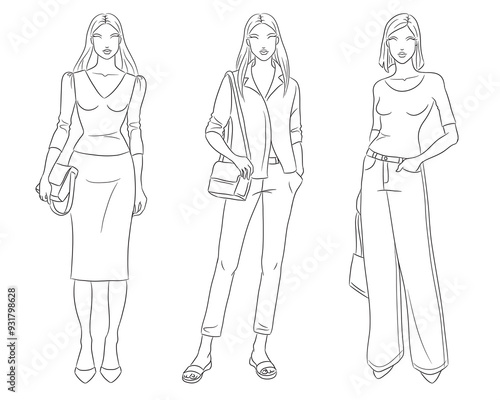 Female clothes collection. Fashion models posing. Vector line fashion illustration of beautiful young women, isolated on a white background. Fashion coloring page. Hand drawn fashion sketches.