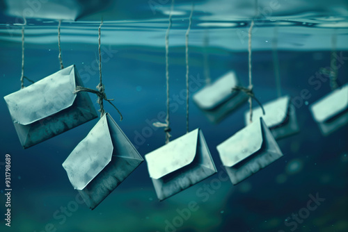 Email Envelopes suspended underwater by strings with a blurry aquatic background. Concepts of email phishing scam, communication.