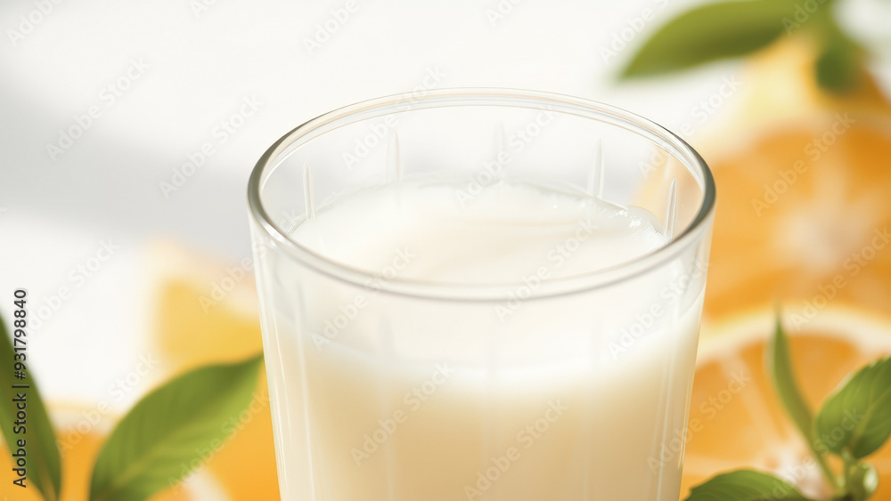 Glass of Milk with Orange Slices in the Background Glass of Milk with Orange Slices in the Background
