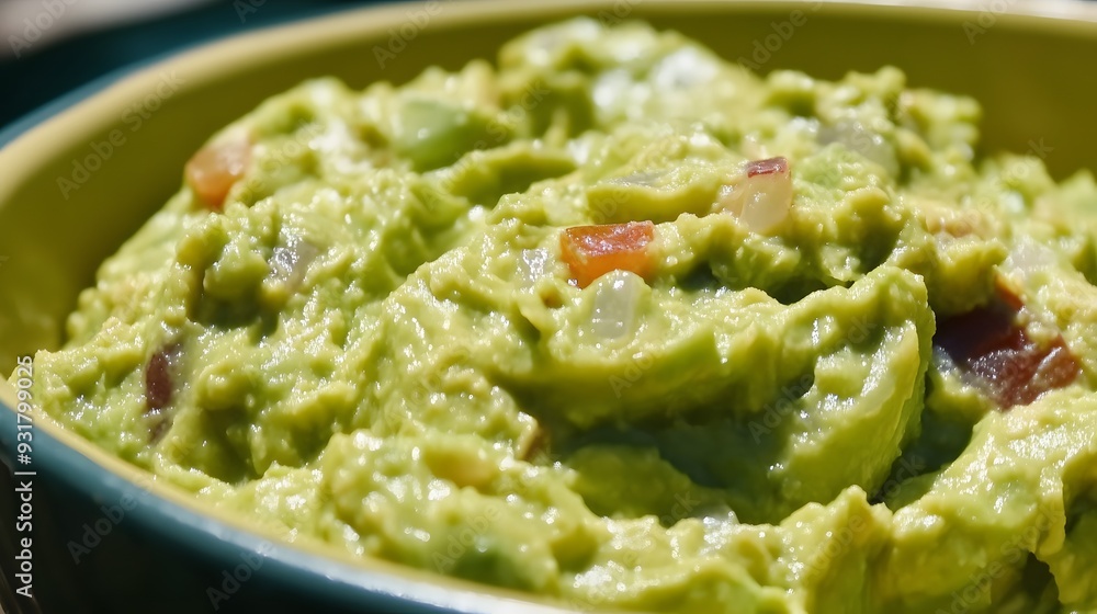 Close up of creamy guacamole in a bowl. Close up of creamy guacamole in a bowl.