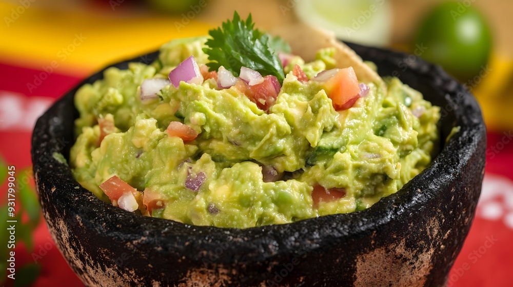 Close-up of a bowl of guacamole with red onion and cilantro. Close-up of a bowl of guacamole with red onion and cilantro.