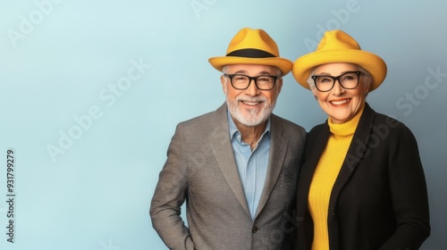 Elderly couple smiling together wearing stylish outfits and matching yellow hats reflecting joy and companionship