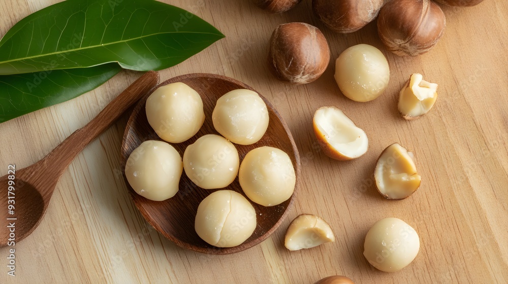 Macadamia nuts in a wooden bowl and on a table. Macadamia nuts in a wooden bowl and on a table.