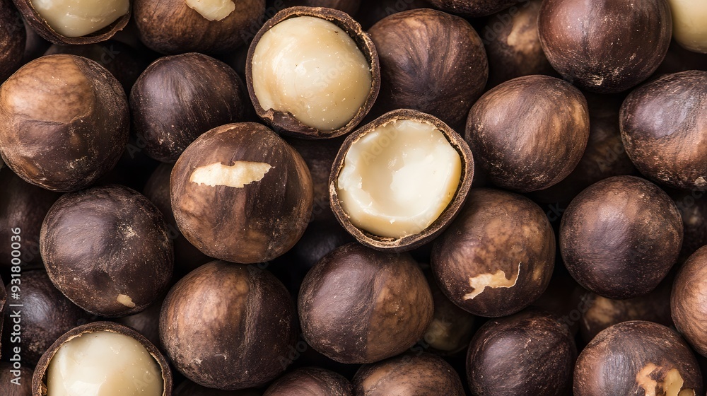 Fototapeta premium Close up of macadamia nuts in their shells.