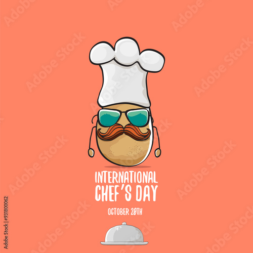 International chef day vector greeting card. vector funny cartoon tiny brown smiling chef potato with hat isolated on peach color background. Potato character