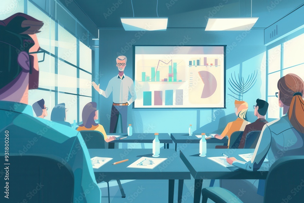 A financial expert presents insightful data using visual aids in a contemporary conference room, while participants attentively listen and take notes. Generative AI A financial expert presents insightful data using visual aids in a contemporary conference room, while participants attentively listen and take notes. Generative AI