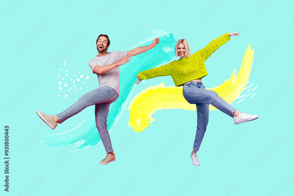 Composite trend artwork sketch image collage of couple young age lady man party dance moving funky smile relax step different direction Composite trend artwork sketch image collage of couple young age lady man party dance moving funky smile relax step different direction