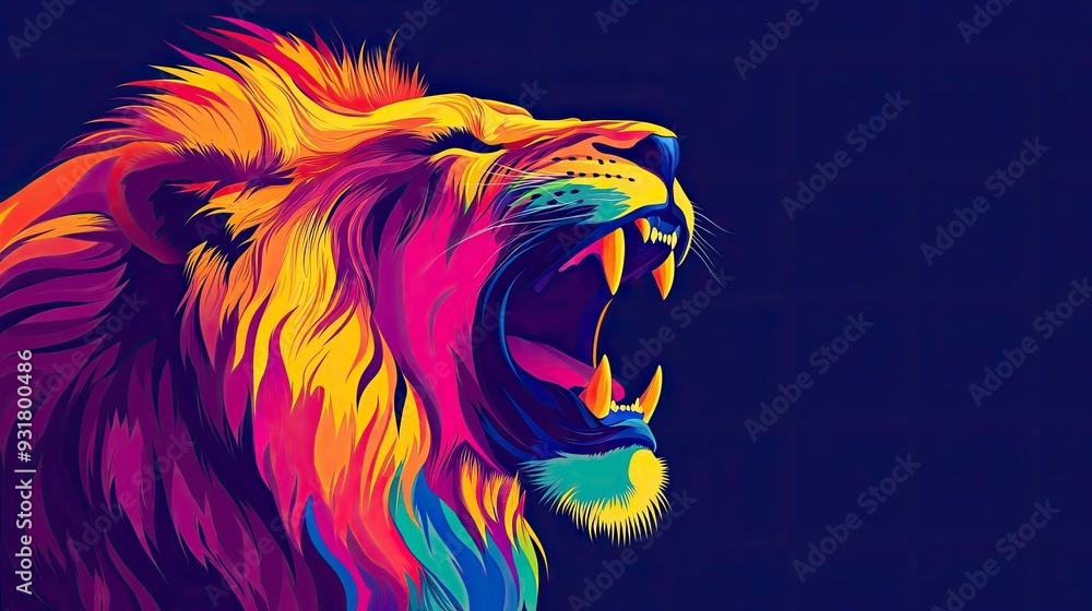 A powerful and abstract illustration of a roaring lion in vibrant, bold colors. Ideal for themes of strength, pride, and wild nature, with space for text or branding. A powerful and abstract illustration of a roaring lion in vibrant, bold colors. Ideal for themes of strength, pride, and wild nature, with space for text or branding.
