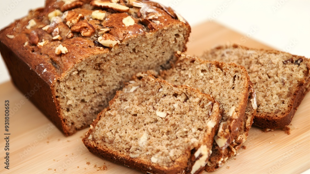 A freshly baked loaf of banana bread, sliced and ready to enjoy. A freshly baked loaf of banana bread, sliced and ready to enjoy.