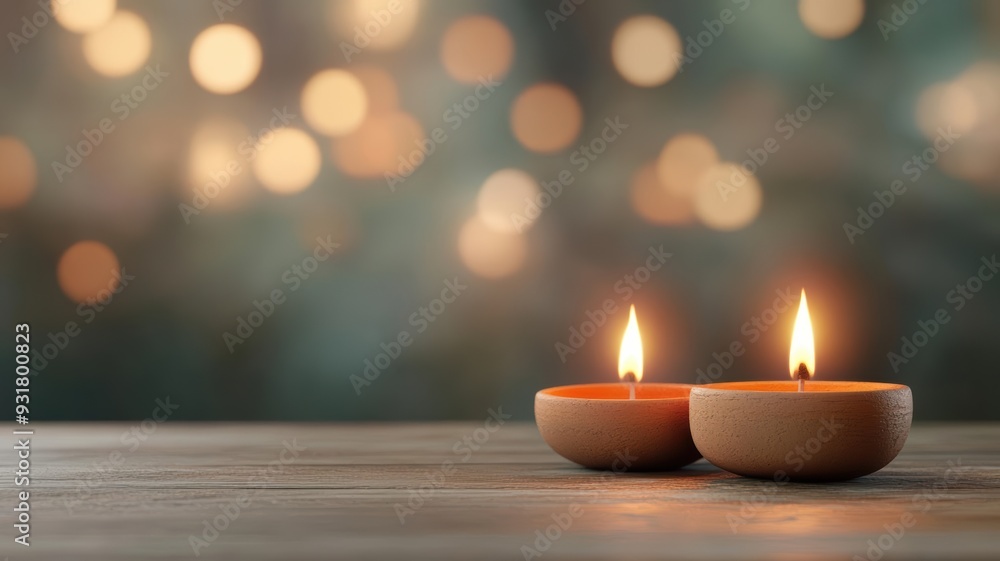 Two lit candles on a wooden surface, creating a warm and inviting ambiance with blurred bokeh lights in the background. Two lit candles on a wooden surface, creating a warm and inviting ambiance with blurred bokeh lights in the background.