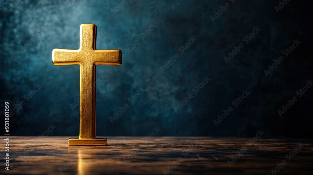 Naklejka premium A shiny golden cross standing on a wooden table, with a dark navy blue background. The image highlights the significance of the crucifixion, symbolizing faith and salvation in Christian belief.