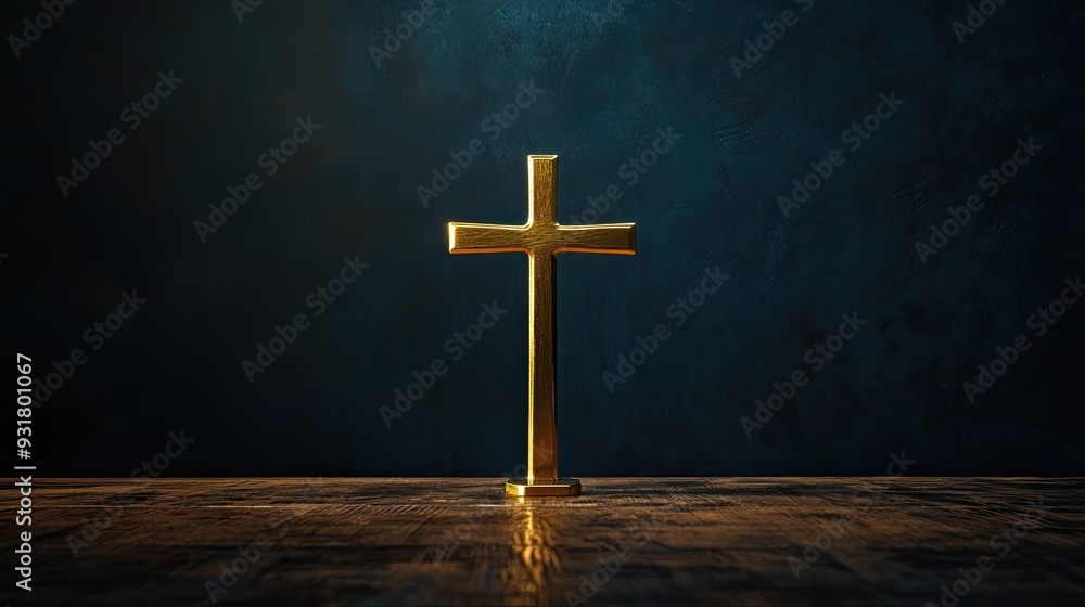 Naklejka premium A shiny golden cross standing on a wooden table, with a dark navy blue background. The image highlights the significance of the crucifixion, symbolizing faith and salvation in Christian belief.