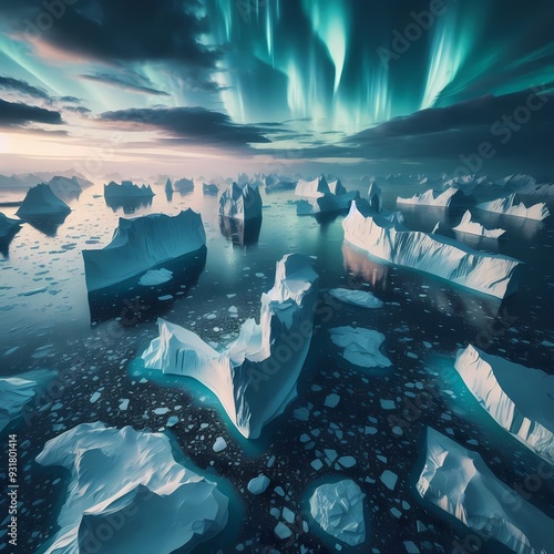 a realistic image of Atlantic ice burgs with sea water