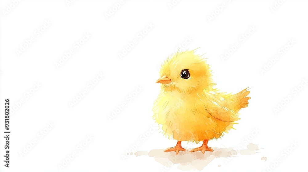 A tiny yellow chick illustrated in a whimsical, cartoon style, standing alone with ample copy space on a white background. Ideal for children A tiny yellow chick illustrated in a whimsical, cartoon style, standing alone with ample copy space on a white background. Ideal for children