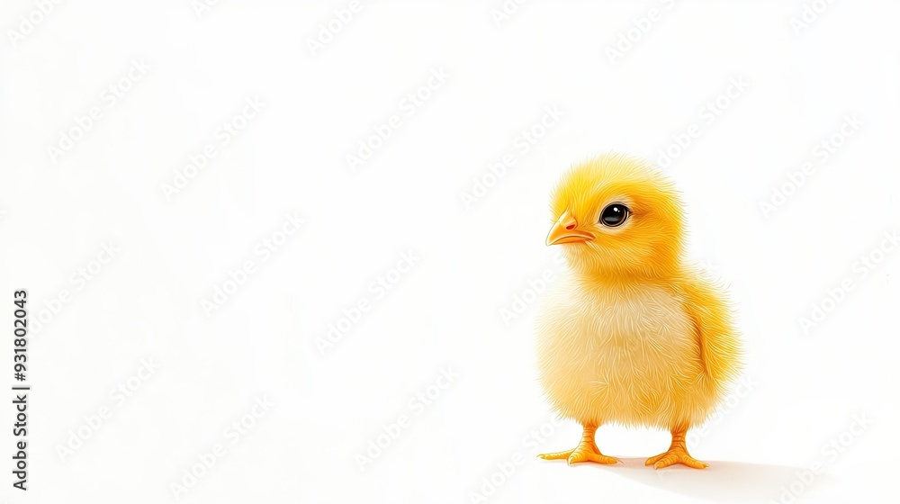 Fototapeta premium A tiny yellow chick illustrated in a whimsical, cartoon style, standing alone with ample copy space on a white background. Ideal for children