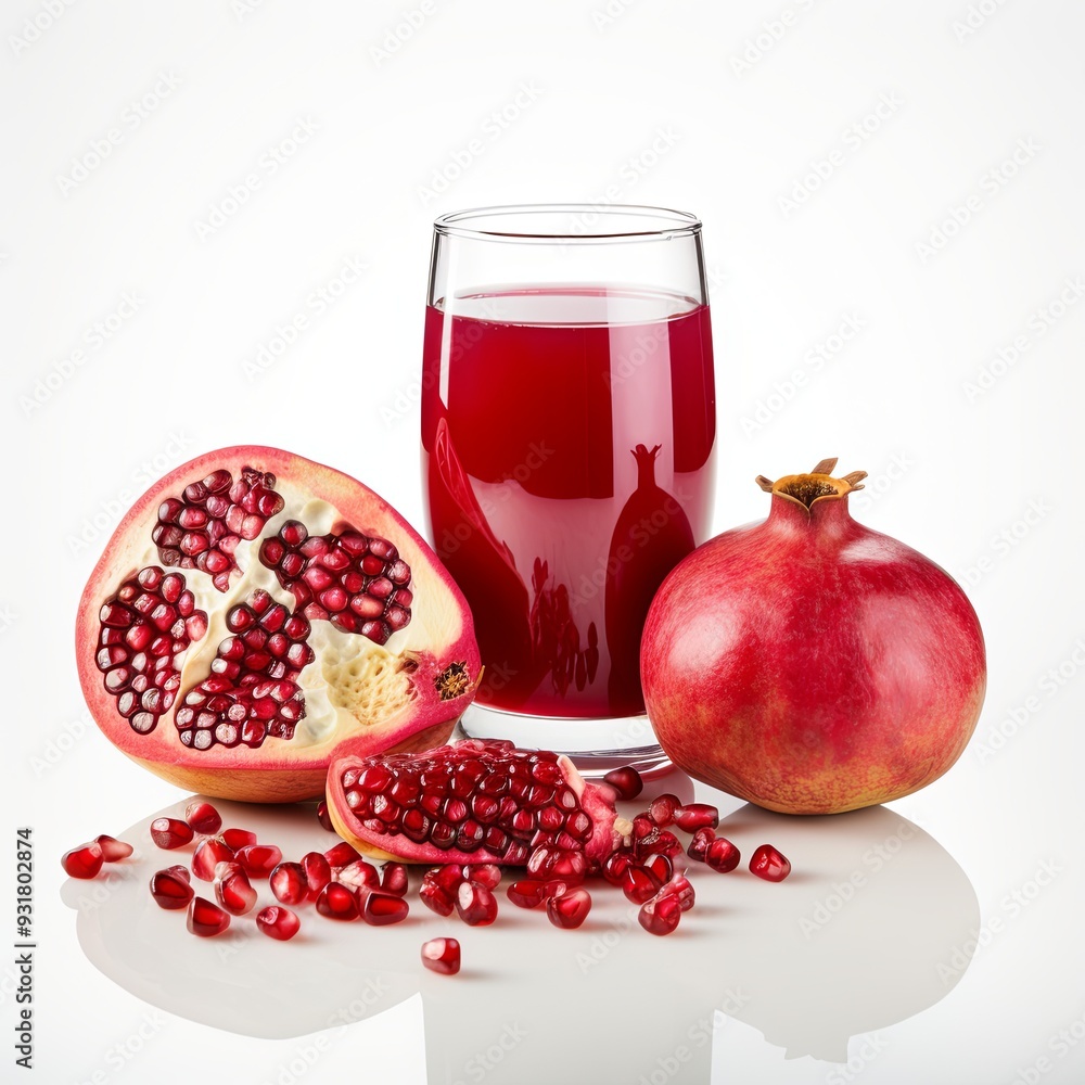 Fresh pomegranate juice in a glass with whole and split fruits on a white background Fresh pomegranate juice in a glass with whole and split fruits on a white background