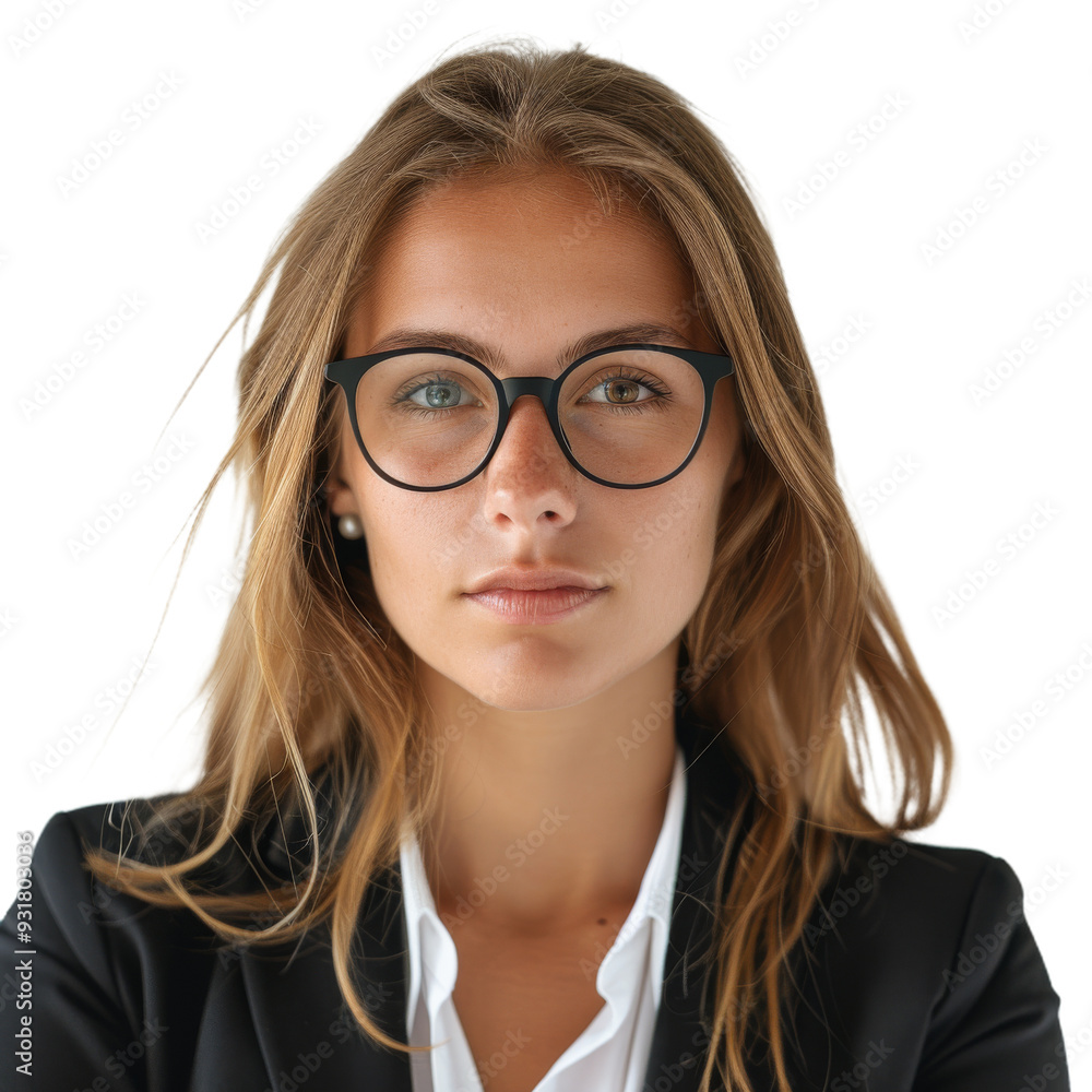 Young Woman in a Business Suit With Glasses Poses Confidently on Isolated Background Young Woman in a Business Suit With Glasses Poses Confidently on Isolated Background