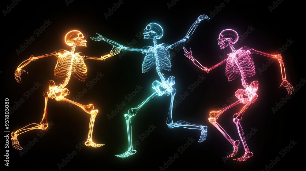 Obraz premium Eerie Neon Skeletons Dancing in the Dark with Vibrant Glowing Bones, Generative Ai