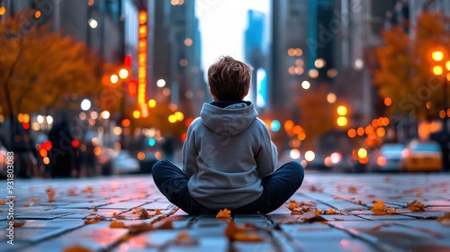 A contemplative boy sitting cross-legged on a city street, surrounded by autumn leaves and glowing city lights.