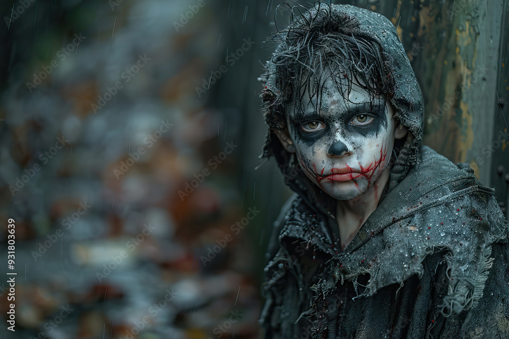 Boy in spooky Halloween makeup, dark scene Boy in spooky Halloween makeup, dark scene