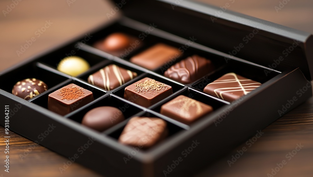 Elegant box of assorted chocolates in various shapes and colors on a table Elegant box of assorted chocolates in various shapes and colors on a table