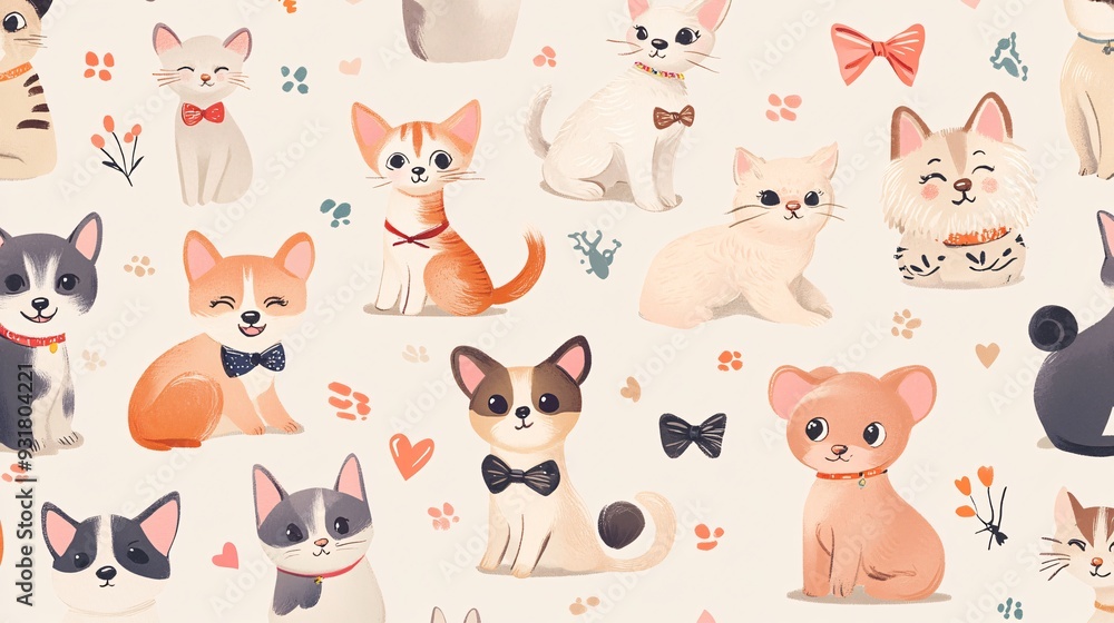Repeating pattern of pets with various accessories such as bows collars and toys on a neutral background Repeating pattern of pets with various accessories such as bows collars and toys on a neutral background