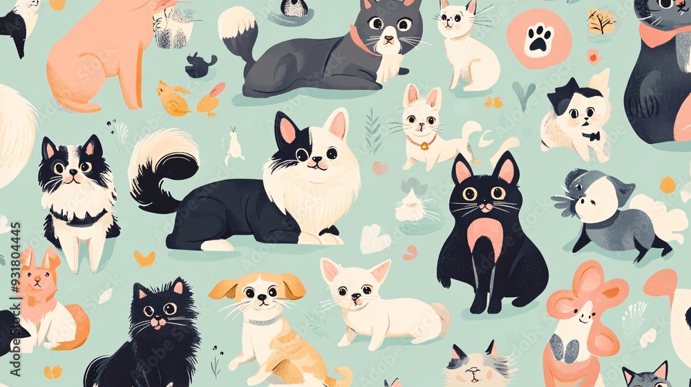 Close-up of a pattern featuring a mix of pets in various playful poses on a pastel background Close-up of a pattern featuring a mix of pets in various playful poses on a pastel background