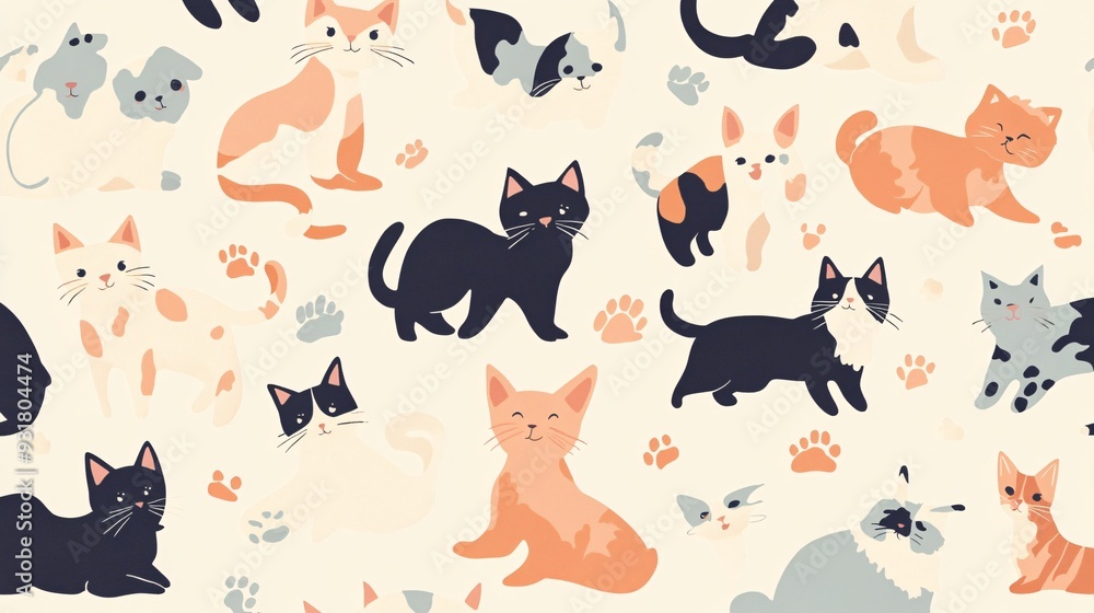 Close-up of a pattern featuring a mix of pets in various playful poses on a pastel background Close-up of a pattern featuring a mix of pets in various playful poses on a pastel background