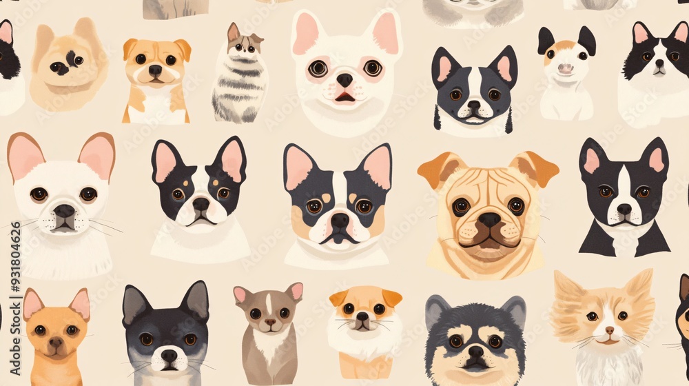 Repeating pattern of pets in a realistic style with soft natural colors on a neutral background Repeating pattern of pets in a realistic style with soft natural colors on a neutral background