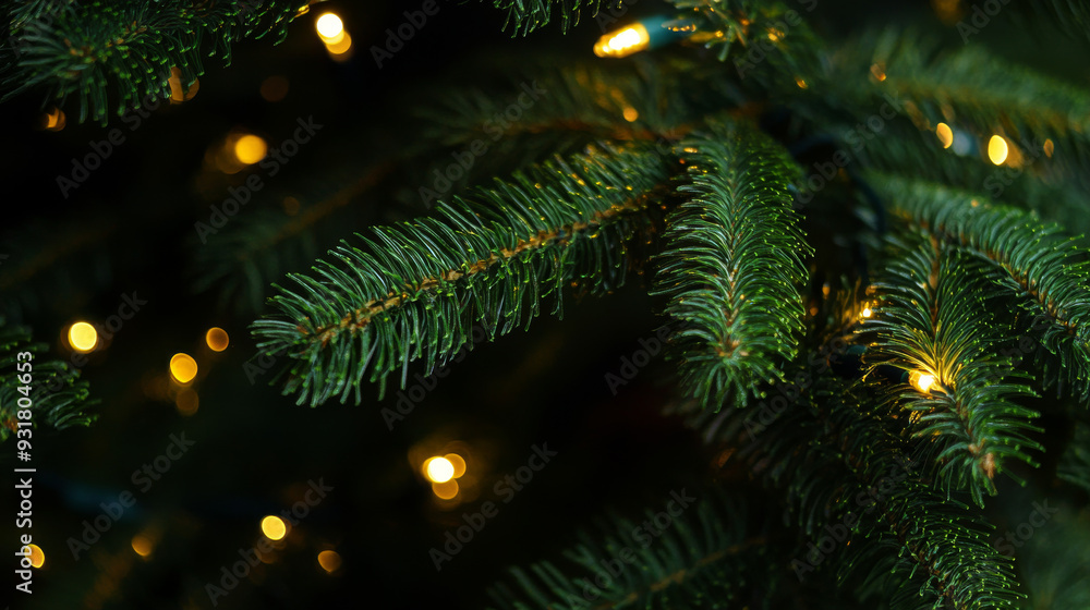 Close-up of Christmas tree branches adorned with LED lights, set against a dark background. Close-up of Christmas tree branches adorned with LED lights, set against a dark background.