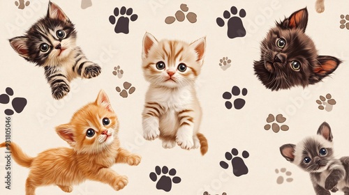 Seamless design of fluffy kittens and puppies with paw prints and bones on a light background