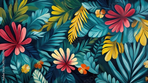 Vibrant tropical floral pattern with colorful leaves and flowers, abstract botanical design