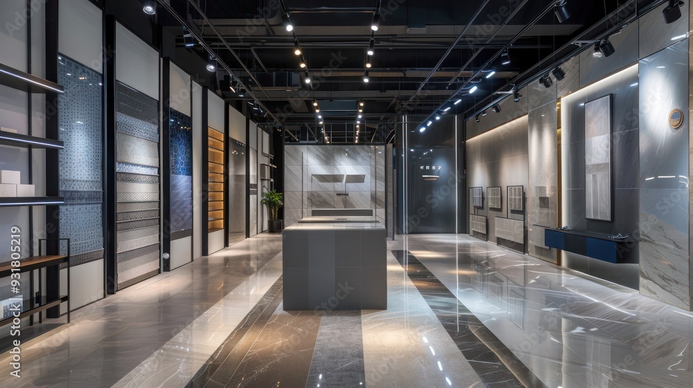 Fototapeta premium Wide shot of a tile showroom with tiled walls and flooring displays. 