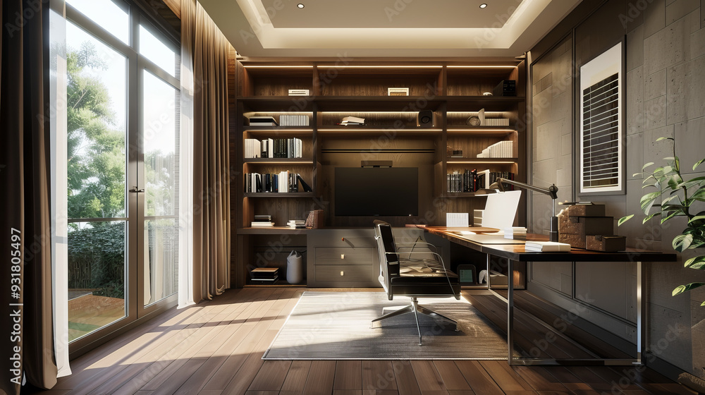 Luxurious home office with the desk on the right side Luxurious home office with the desk on the right side
