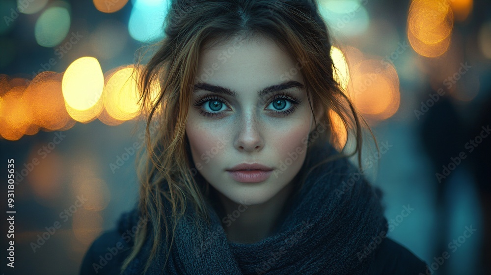 young characterful woman with big eyes in front of a bokeh background young characterful woman with big eyes in front of a bokeh background